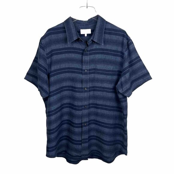 Jack Spade Shirt XXL Mens Hatton Trim Fit Button Short Sleeve Blue Stripe Linen - Picture 1 of 7